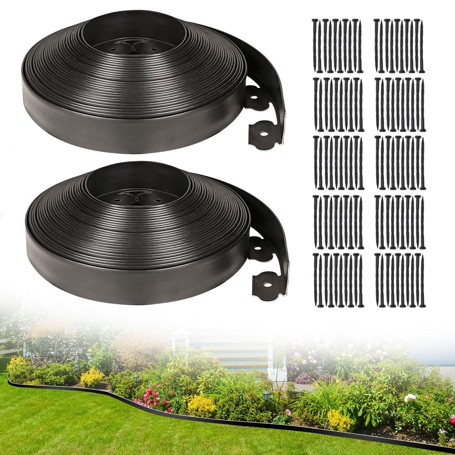 JERIA 2 Inch Tall 100 FT Garden Edging Kit with 120pcs Spikes, Plastic Edging for Landscaping