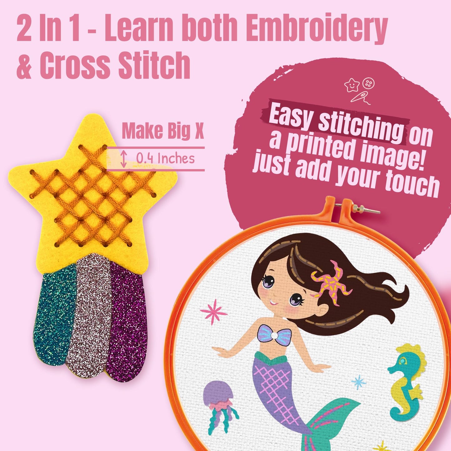 CRAFTILOO 2 in1 Cross Stitch & Embroidery Kit for Kids Ages 6+ Make 8 Projects Backpack Charms, Keyring, Doll, Wall Art, Unicorn Pillow & Card Holder Beginner Needlepoint & Creative Gift Set