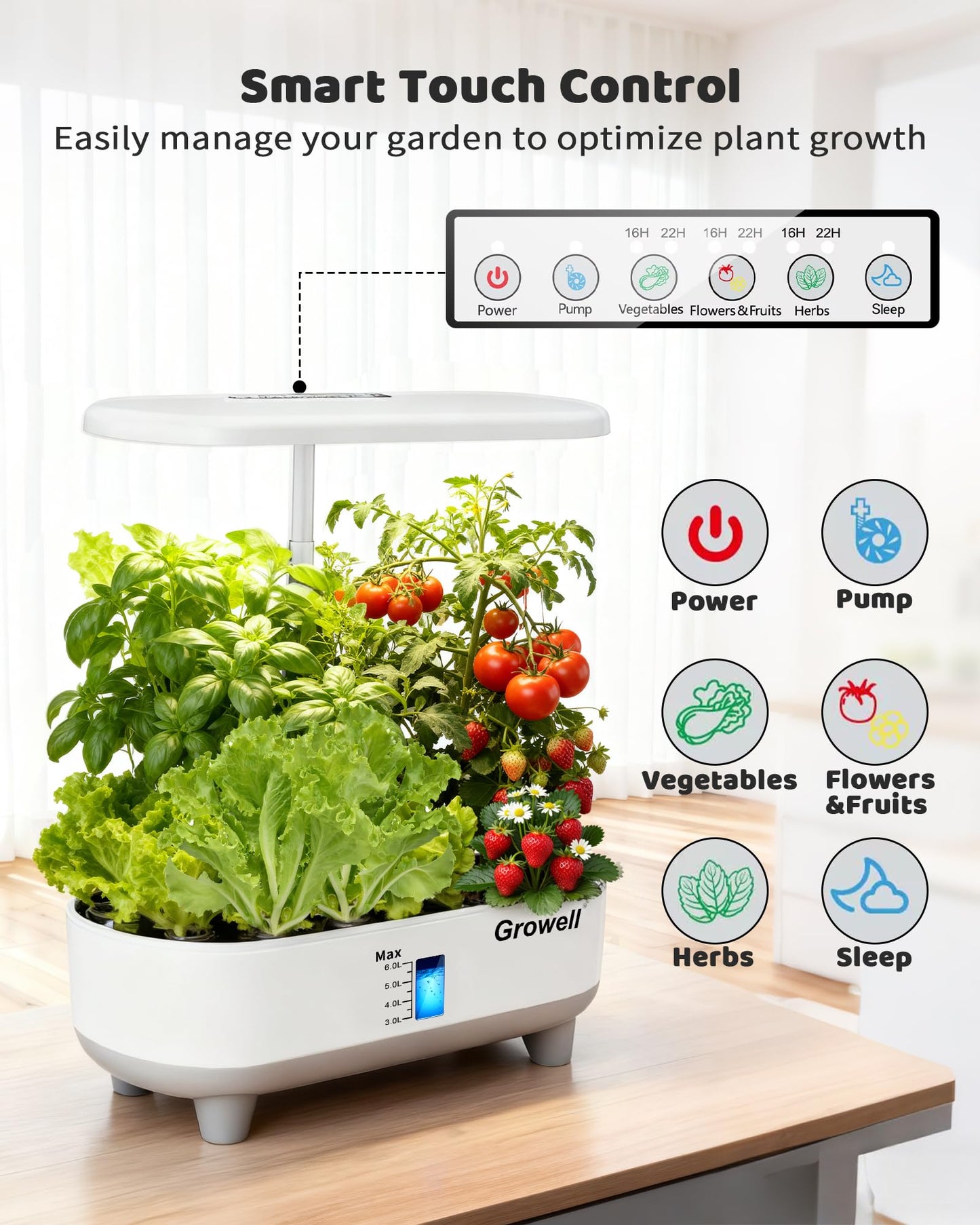 Growell Hydroponics Growing System Kit, 16 Pods, Vertical 8L Indoor Gardening System for Herb Vegetable Fruit, Hydro Garden with LED Grow Light, Smart Water Circulation, 3 Light Modes & 2 Timer, White
