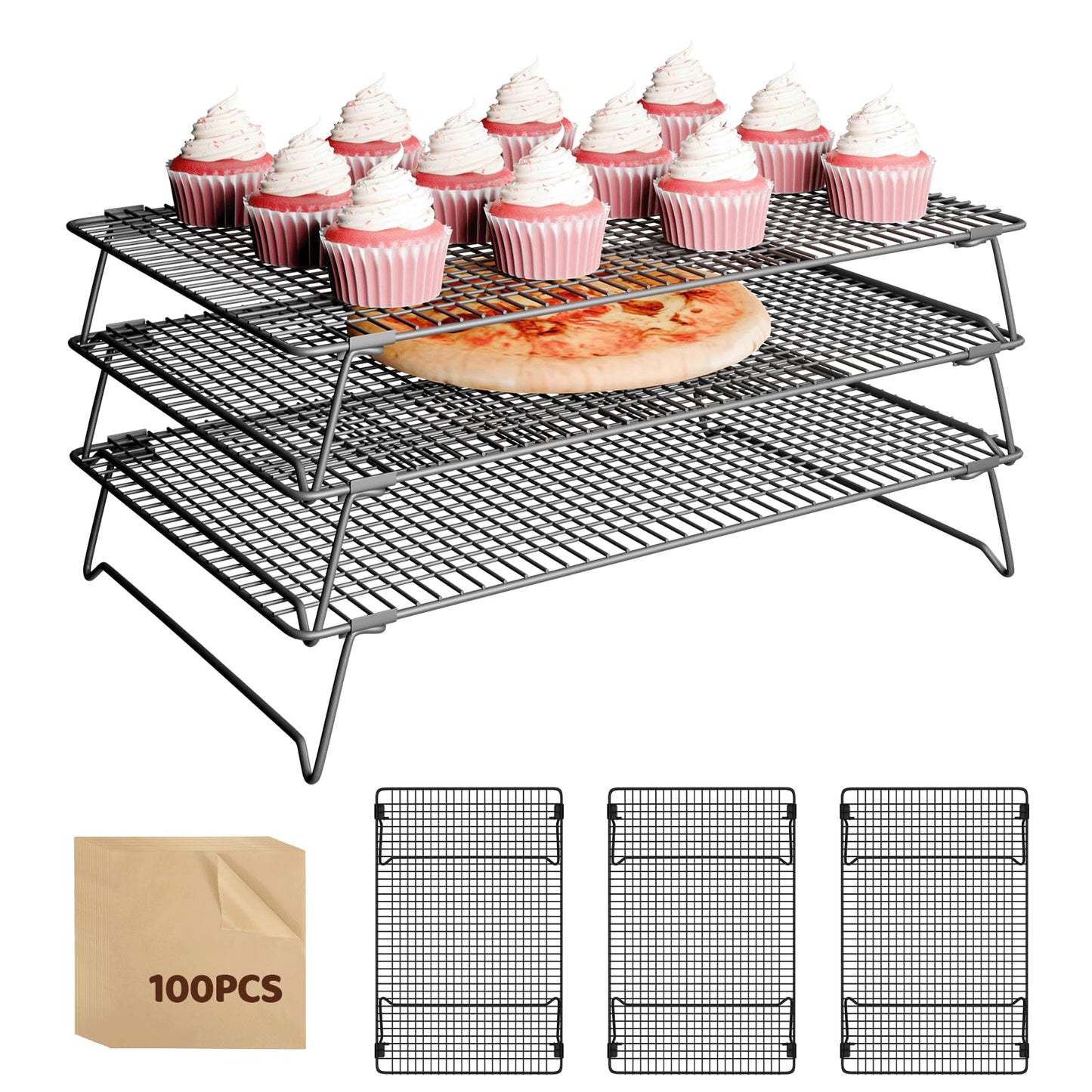 ZHIWUJIA 3 Layer Detachable Collapsible Cooling Racks, 17 * 11 Inch Cooling Wire Rack Stackable Drying Rack Cookie Rack Bread Cooling Rack