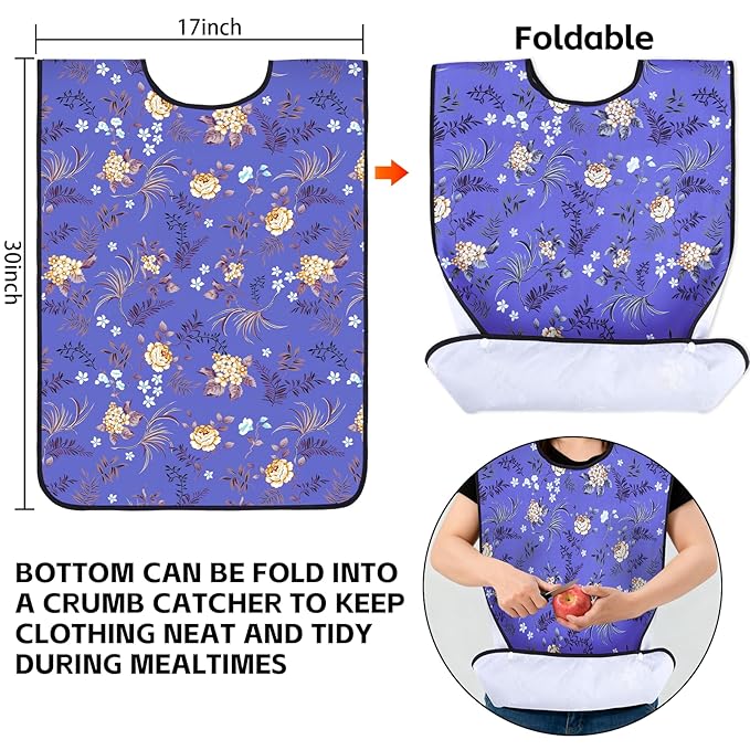 XKDOUS 2 Pack Blossom Adult Bibs for Man and Women,Machine Washable Adult Bibs for Eating with Optional Crumb Catcher,Waterproof and Reusable Dining Clothing Protector, Gifts for Man/Women/Mom