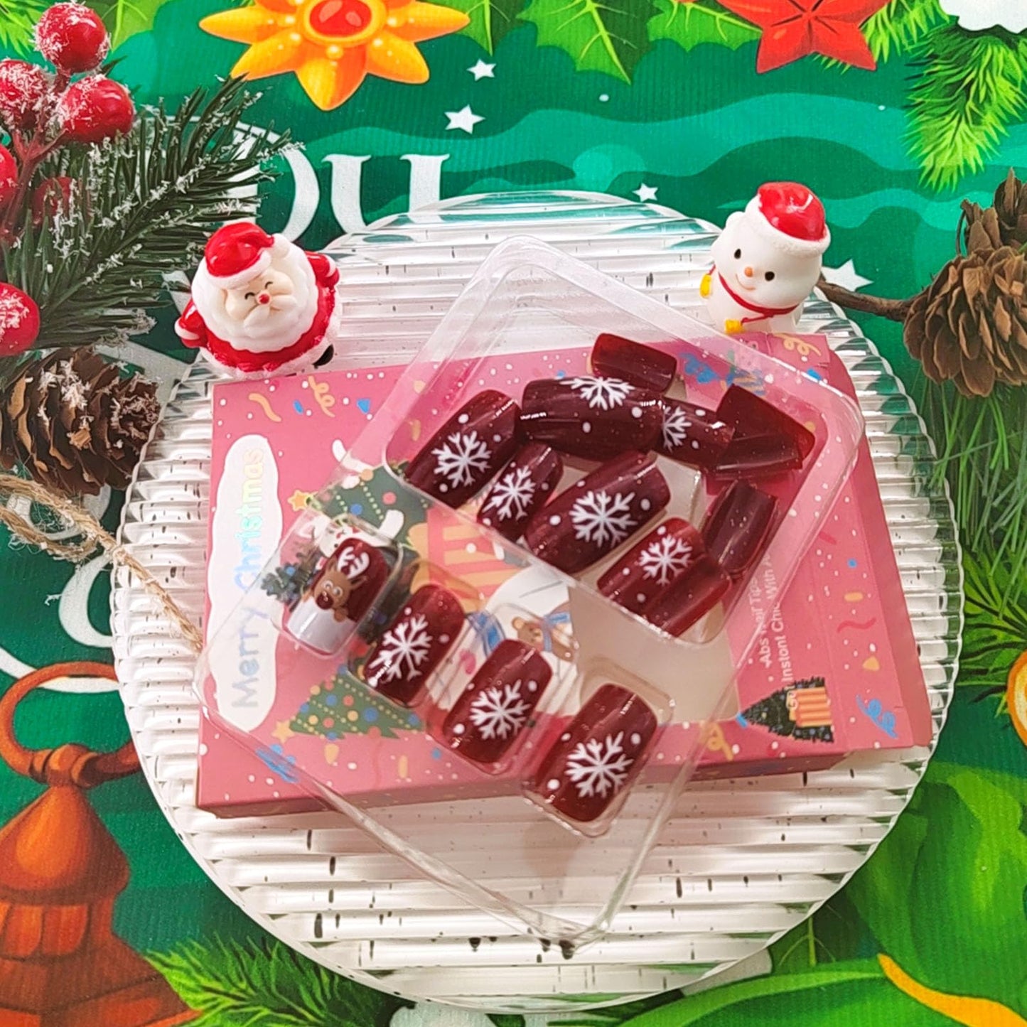 Christmas Red Press on Nails Medium Square Fake Nails Winter Xmas Glue on Nails Snowflake Elk Nails Press ons Glossy Stick on Nails Christmas Acrylic Nails for Women 24 Pcs