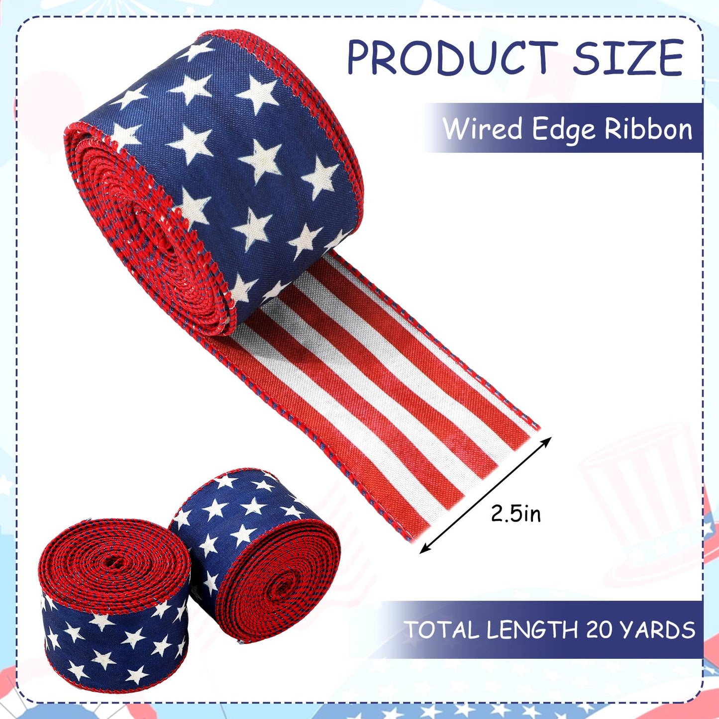 JarThenaAMCS 2 Rolls Patriotic Wired Edge Ribbon Double Sided 4th of July Red White Blue Star Stripe Fabric Ribbon for Independence Memorial Day Gift Wreath Bow Craft Wrapping Party Decor, 20 Yard