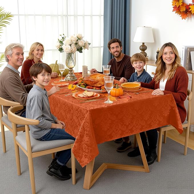 SASTYBALE Jacquard Rectangle Tablecloth, Rusty Spill-Proof Wrinkle Resistant Damask Table Cloth, Soft Polyester Oblong Table Cover for Kitchen Parties Thanksgiving - 60 x 84 Inch Rust
