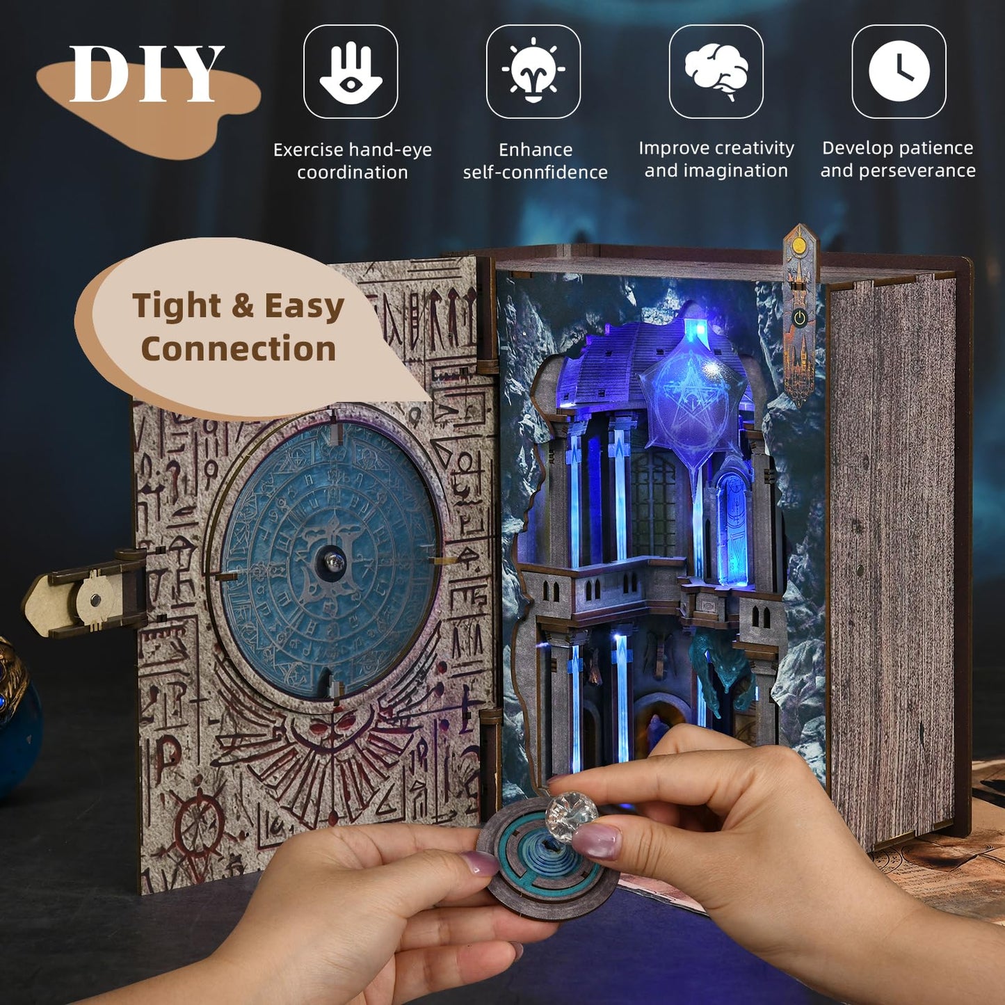 MiniCity Book Nook Kit, DIY Miniature Dollhouse Kit for Adults, Booknook Bookshelf Insert Decor 3D Wooden Puzzle with LED Light Unique Gift for Fantasy Lovers (Circle of Magic)