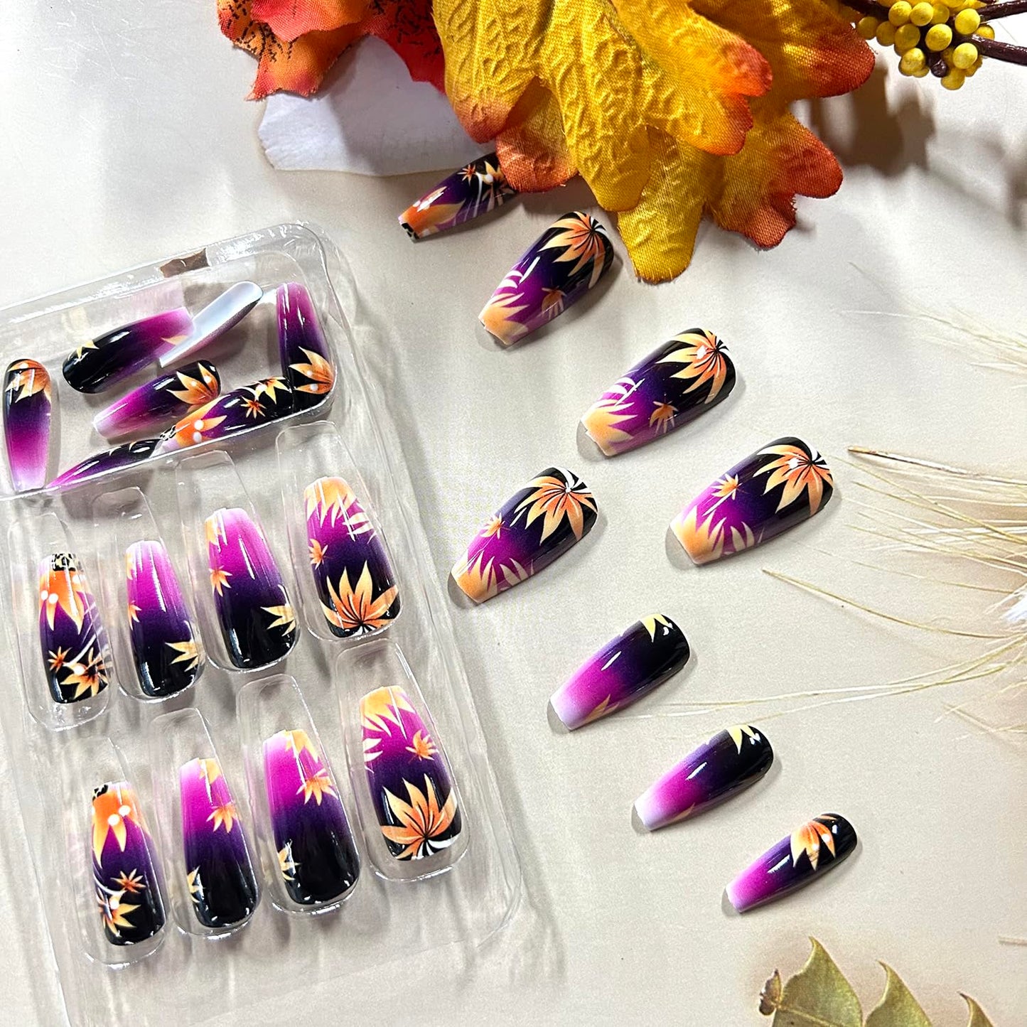 CJDLTS Autumn Press on Nails Medium Ballet Artificial Acrylic Fake Nails Gradient Maple Leaf Design Stick on Nail Full Cover Thanksgiving False Nail Artificial Fingernails for Women Festival Manicure
