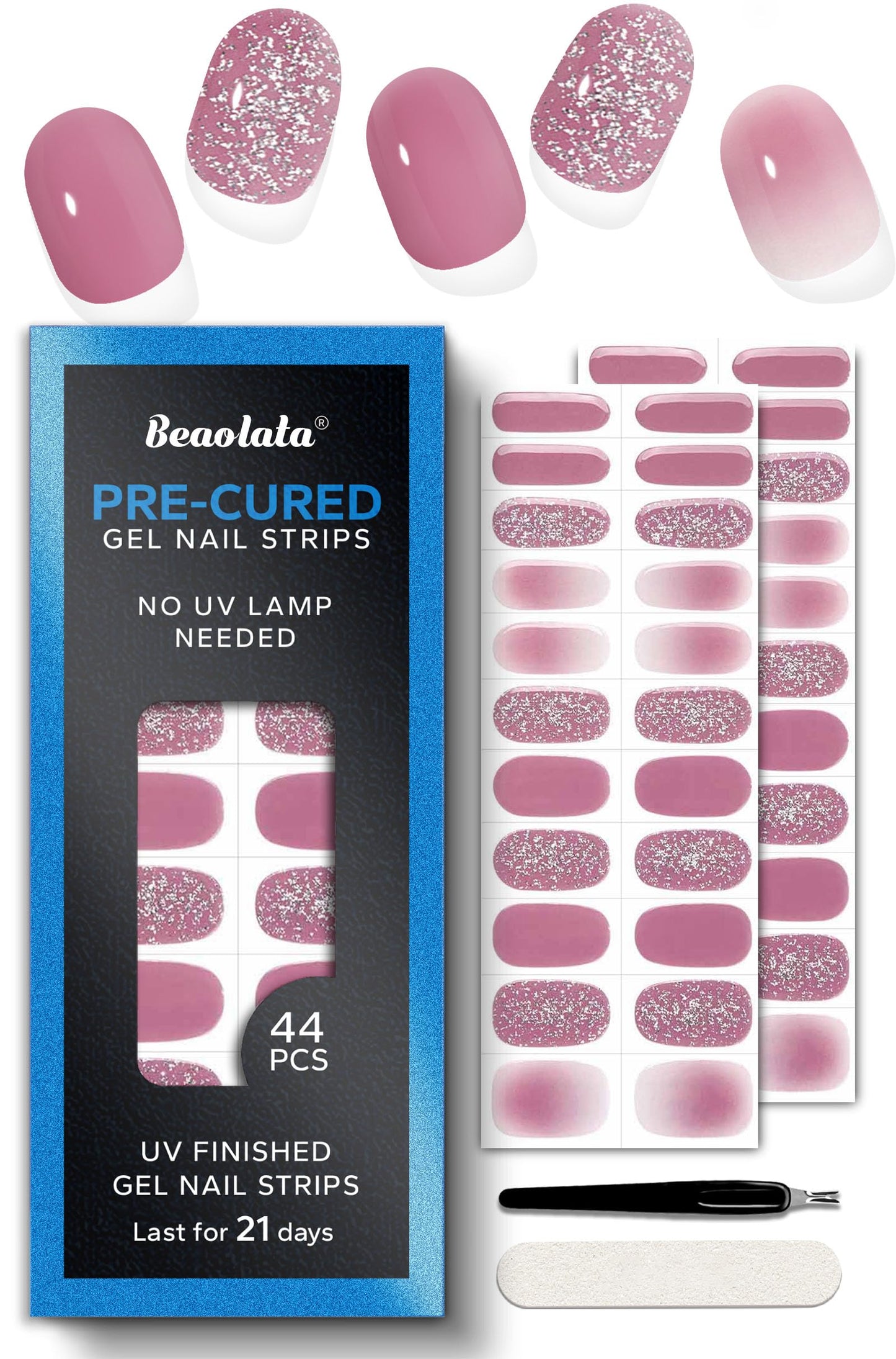 Beaolata Real Gel Nail Strips (No UV Light Needed) - 44Pcs Salon Quality Nail Stickers - Long Lasting Polish Wraps for Women, Easy Apply & Remove (Muted Pink)