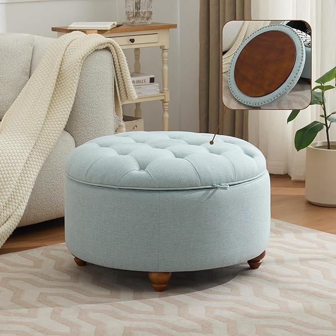 30Inch Round Storage Ottoman with Tray, Modern Tufted Fabric Circle Coffee Table with Storage, Upholstered Ottoman with Removable Top for Living Room, Bedroom, Light Blue