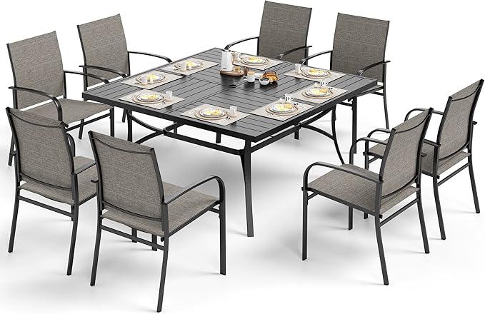 Patio Dining Set for 8, 60" x 60" Square Metal Table with Umbrella Hole, 8 x Stable Brown Dining Chairs, Outdoor Table and Chairs Set for Lawn Backyard and Deck