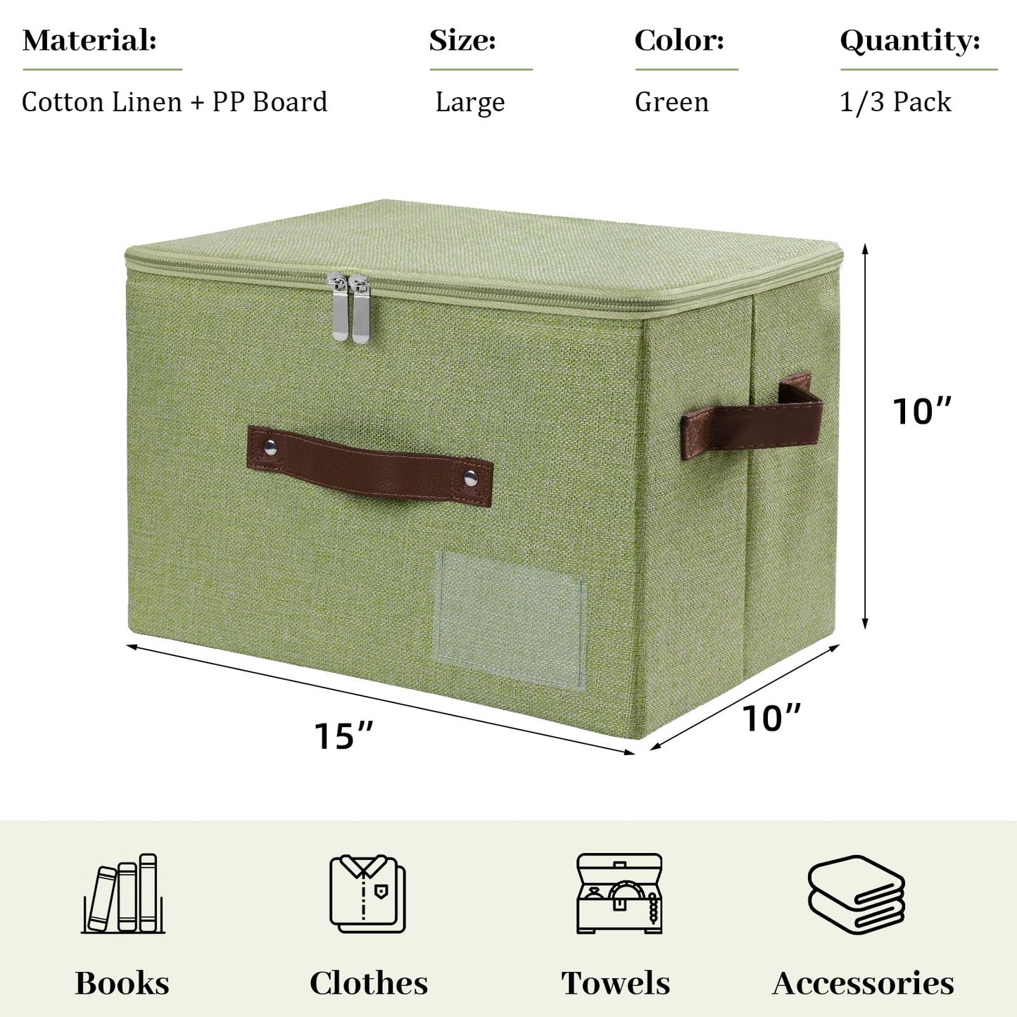 Lucky Monet 1PCS Storage Bins with Zipper Lids 15"x10"x10" Foldable Lidded Fabric Storage Boxes Baskets Cotton Linen Closet Shelf Clothes Organizer with Handles & Label Pocket (Green, Large)