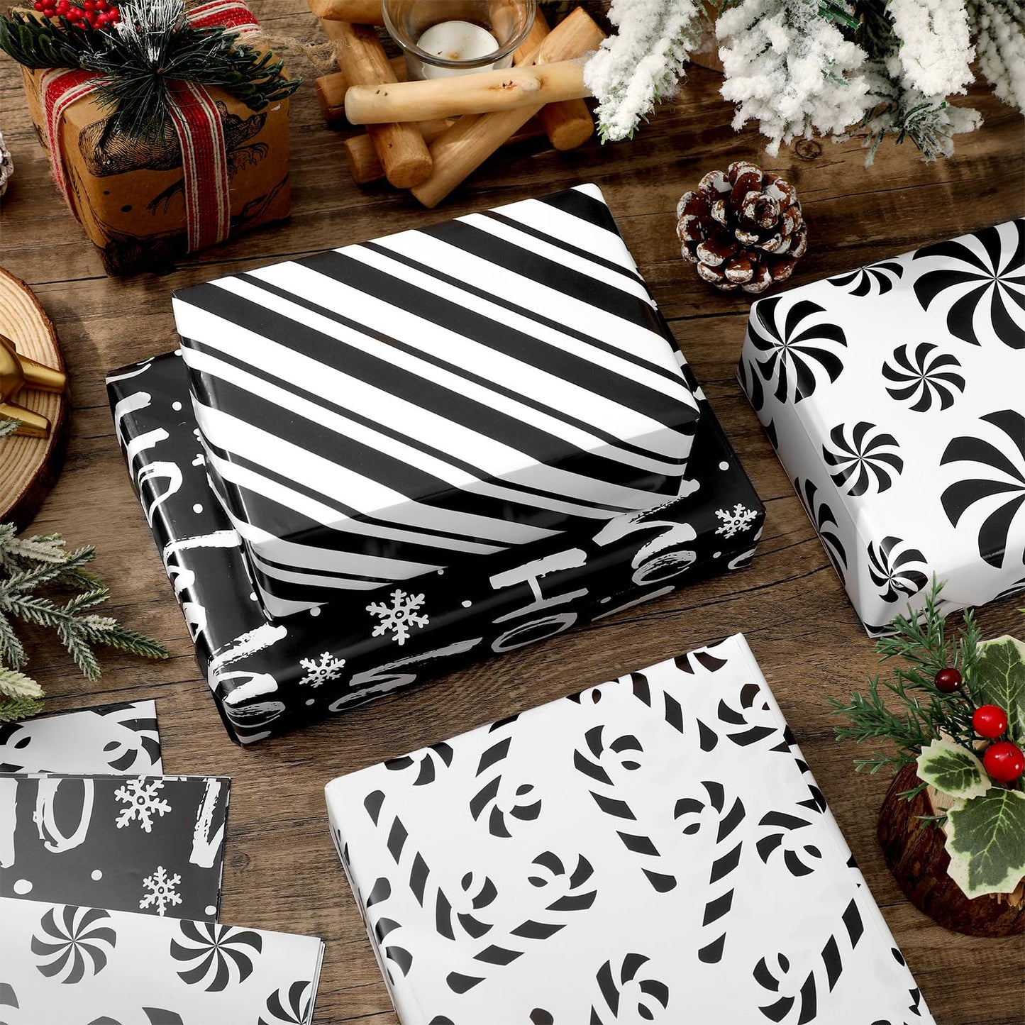JarThenaAMCS 12 Sheets Christmas Wrapping Paper -Not Roll- Black White Gift Wrap Paper Candy Cane Stripe Folded Flat Craft Papers for Xmas Winter Party Packaging, 27.6 x 19.7 Inch