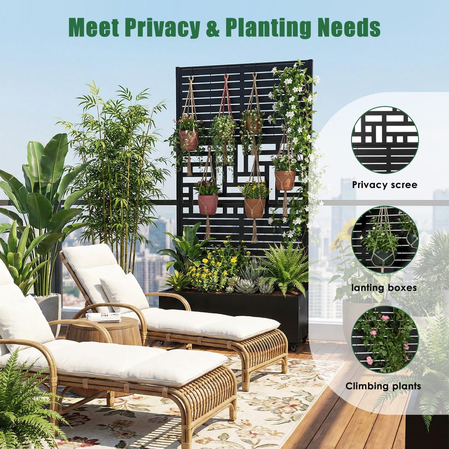 Hubxinly Metal Planter Box with Trellis Standing Planter Box for Climbing Plants/Vines Raised Garden Bed On Wheels 70.87x35.43x15.75 Inch