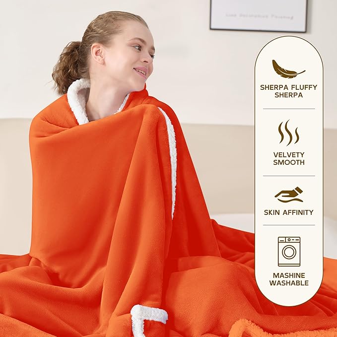 BEAUTEX Orange Sherpa Fleece Throw Blankets, Soft Fluffy Flannel Plush Blanket and Throw, Fuzzy Cozy Fall Halloween Blankets for Couch Bed Sofa Adults (50" x 60",)