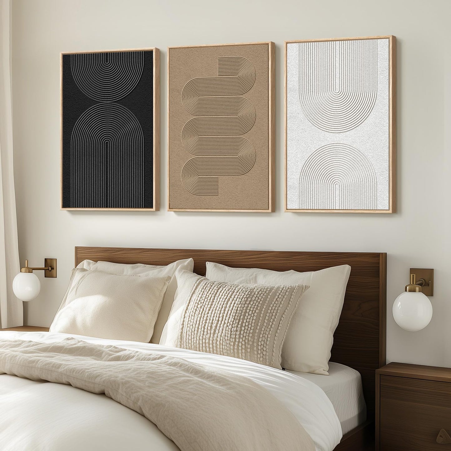 Large Framed Boho Modern Neutral Abstract Wall Art for Living Room, 3 Piece Black and White Canvas Prints Paintings Artwork for Walls, Geometric Pictures for Office Bedroom Dining Room Decor, 24x36 In