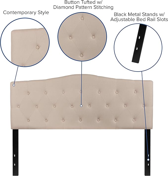 EMMA + OLIVER Tufted Upholstered Queen Size Headboard in Beige Fabric