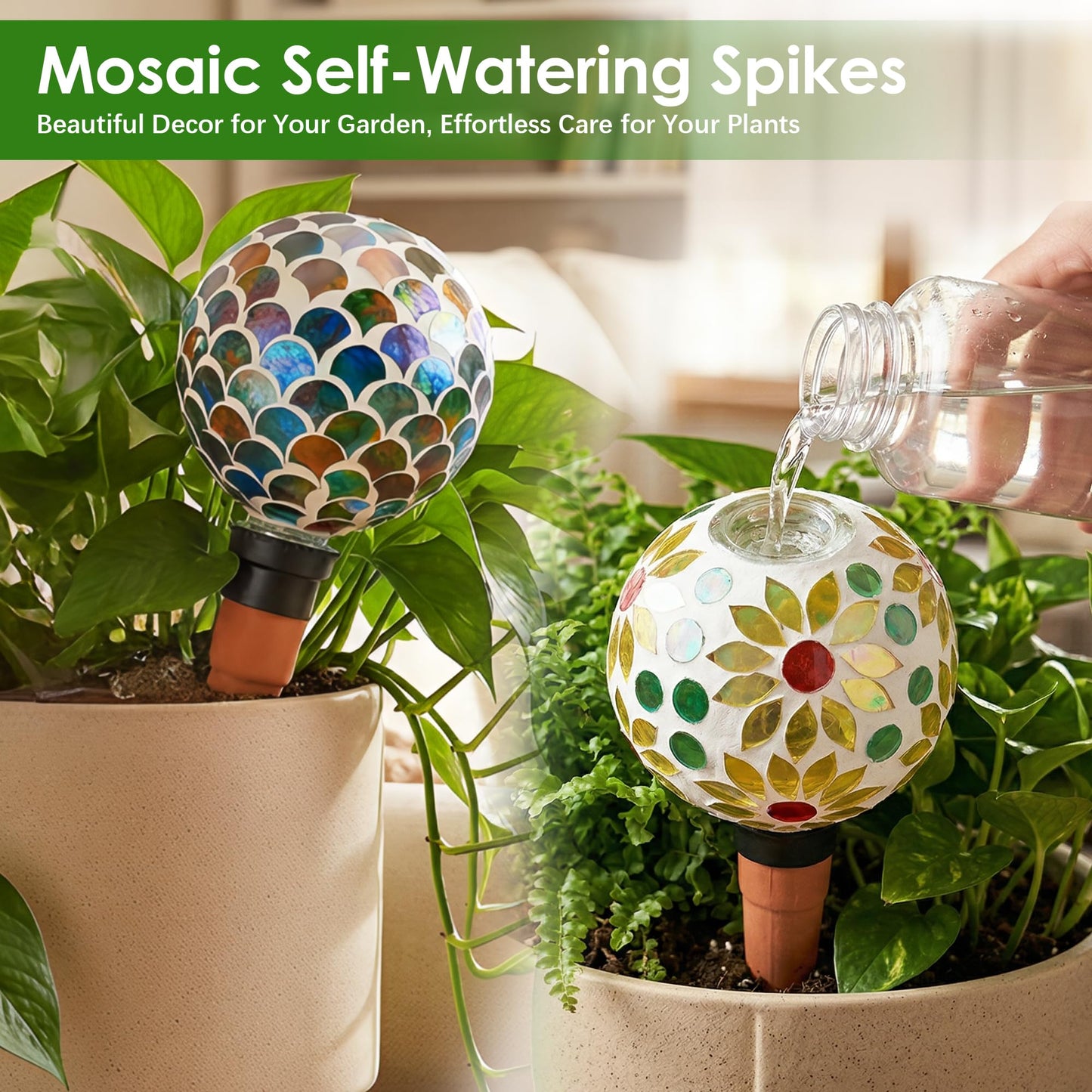Chonsun Plant Watering Globes Mosaic Self Watering Spikes 2 Pack for Indoor Outdoor Plants Automatic Plant Waterer Plant Watering Devices for Vacations Pot