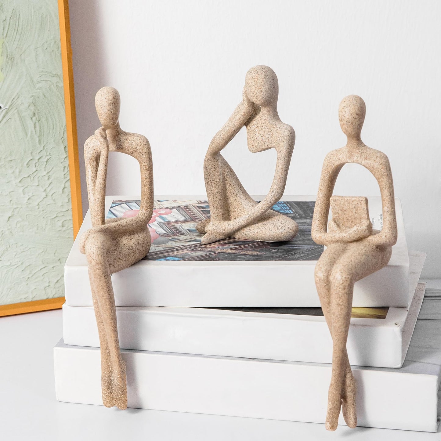 Gold Home Decor Thinker Statue Accents, Set of 3 Thinker Sculptures Office Decor Modern Abstract Resin Decoration on Shelf Table Desk for Living Room Office Bedroom Bookshelf Decor (Large Sandstone)