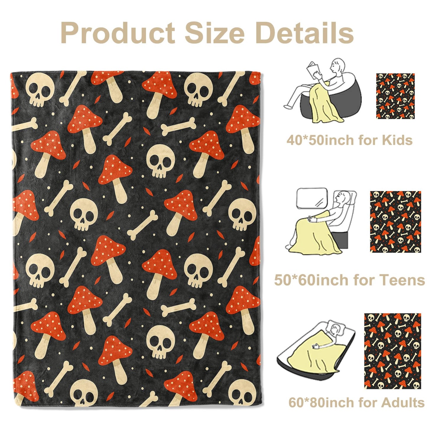 Spooky Mushroom Skull Throw Blanket, Lightweight Warm Flannel Blankets, Home Decor and Gifts, Soft Cozy Throws for Women Men, 50"X60" for Bed Couch Travel Office