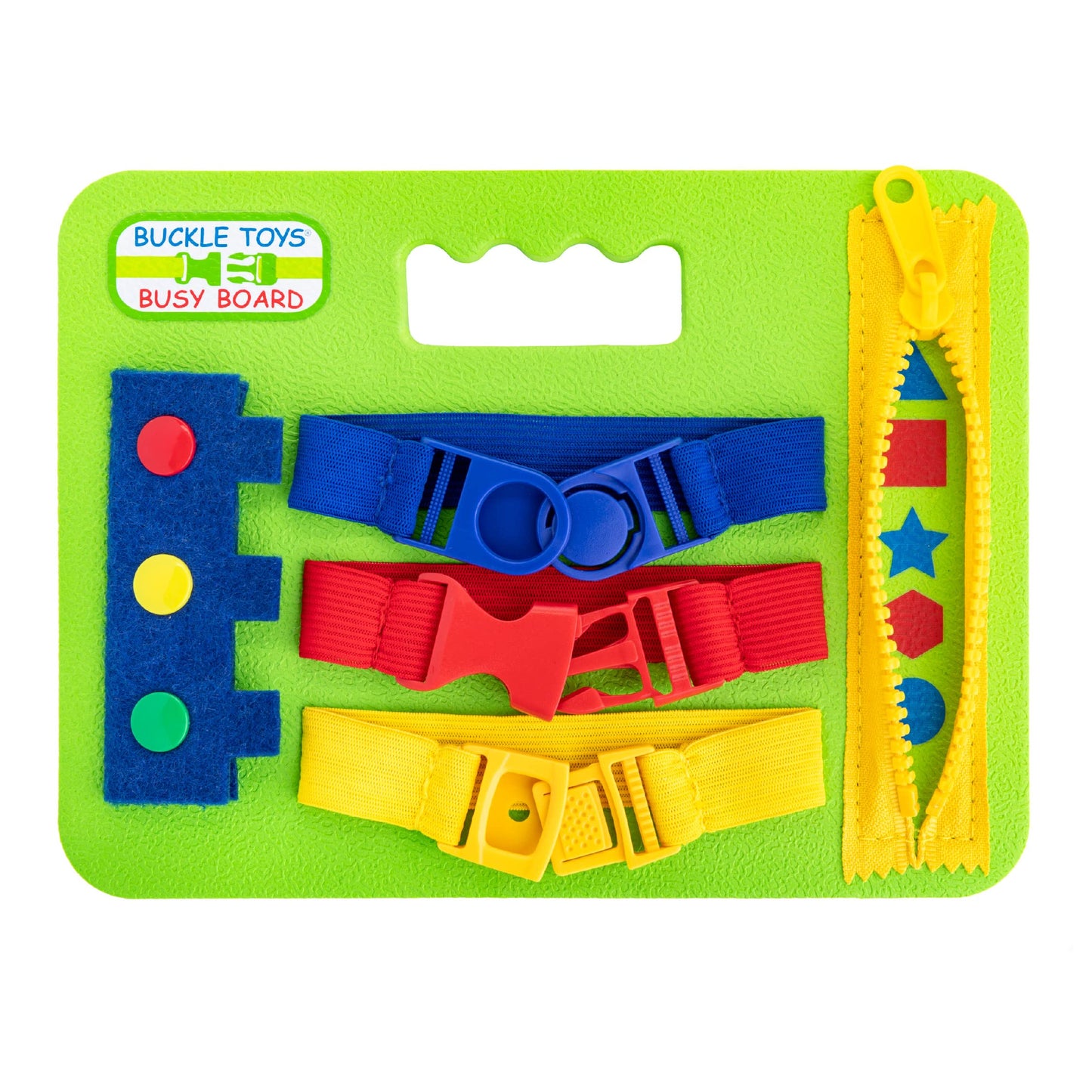 Buckle Toys Mini Busy Board - Montessori Learning Toy for Toddlers Great Kids Airplane Activies - Foam Sensory Board - Develop Fine Motor Skills - Green