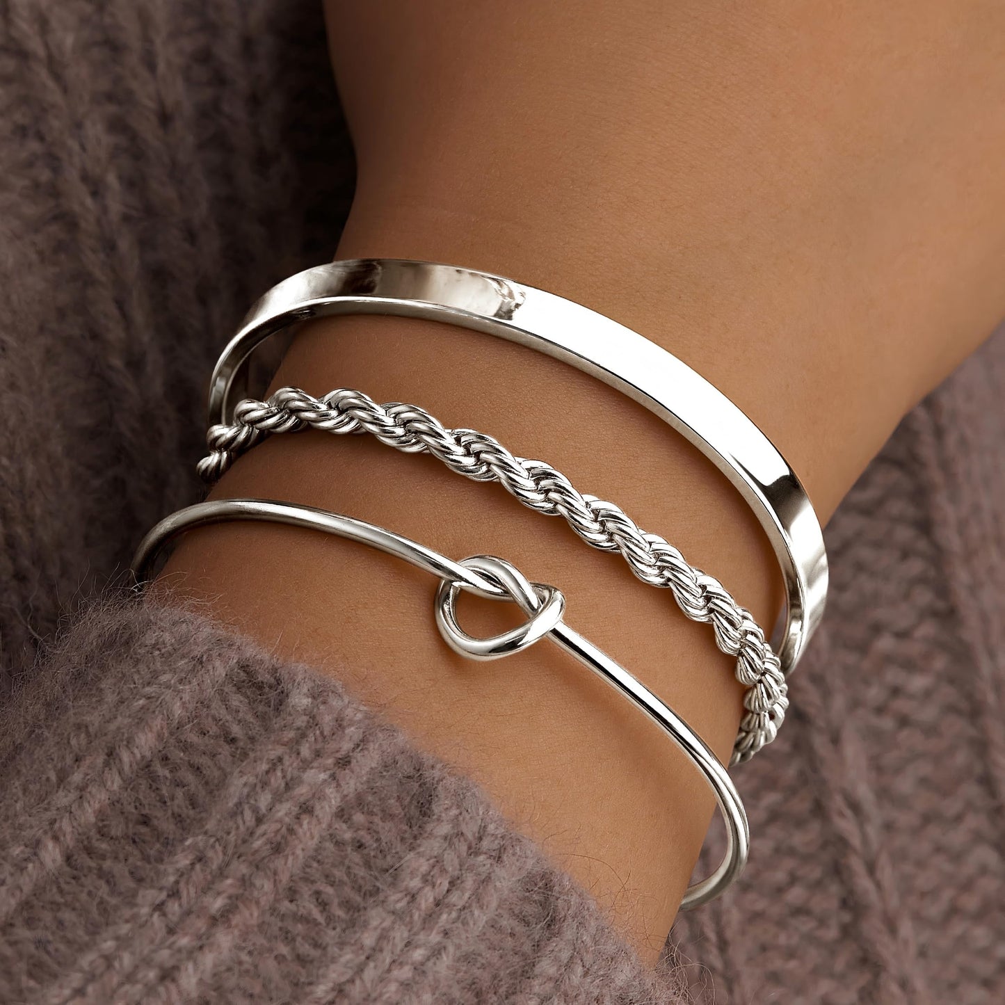 Sterling Silver Plated Bangle Bracelets Stack for Women, Silver Cuff Link Chain Bracelets Set, Trendy Waterproof Jewelry Gifts Adjustable