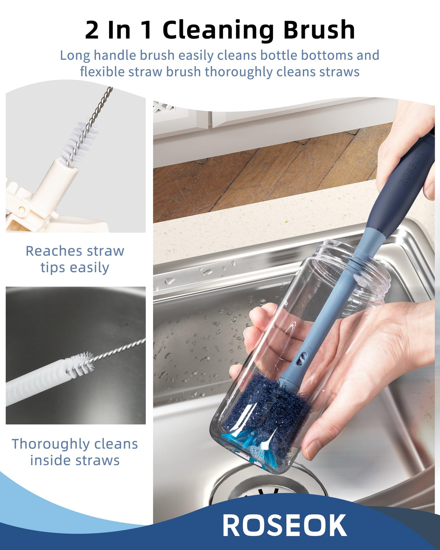 ROSEOK 2in1 Bottle Scrubbing Brush with Straw Brush has Long and Comfortable Handle, Cleaning Glass, Sports Bottle, Coffee Mug,1 Pack, Grayish Blue