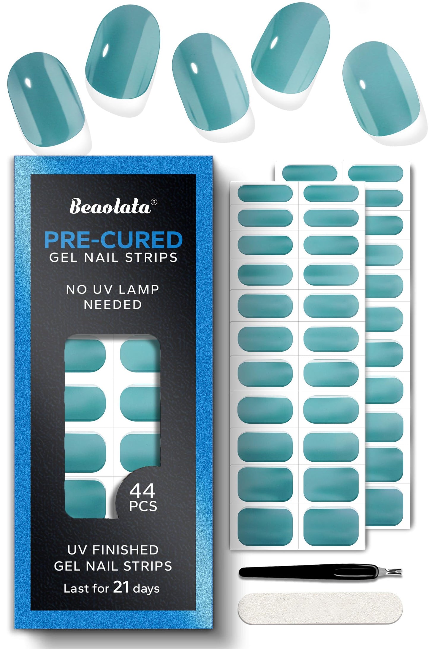 Beaolata Real Gel Nail Strips (No UV Light Needed) - 44Pcs Salon Quality Nail Stickers - Long Lasting Polish Wraps for Women, Easy Apply & Remove (Lagoon Light Blue)