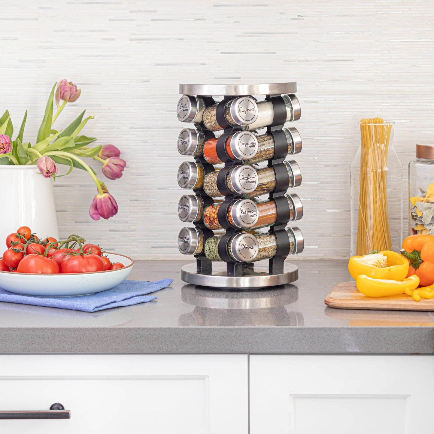 Orii 20 Jar Rotating Spice Rack with Spices Included & 5-Year Free Spice Refill Program – Stainless Steel Revolving Countertop Spice Rack with 3 oz Glass Jars