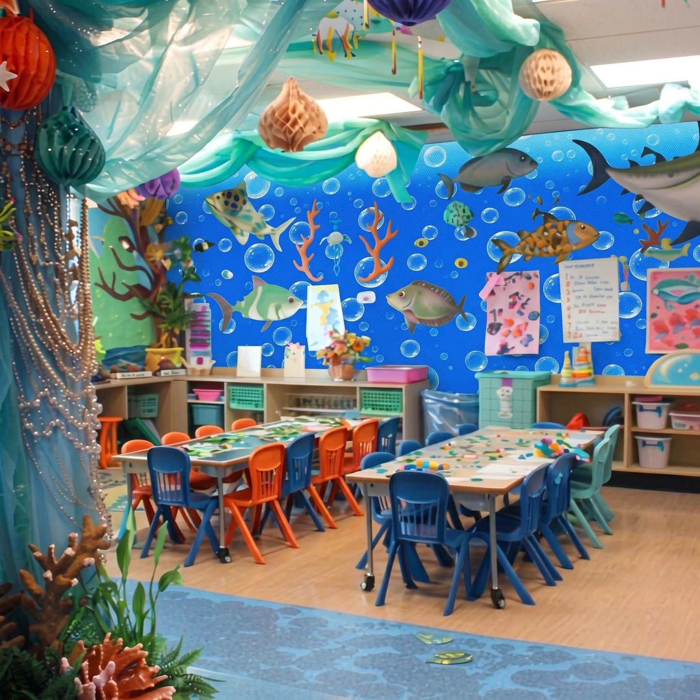 Hahafelt 1.3x39 ft Fabric Bulletin Board Roll Ocean Bubbles Bulletin Board Blue Non-Woven Reusable Waterproof Erasable Wrinkle Resistant Fabric Roll for Background Decor DIY Craft