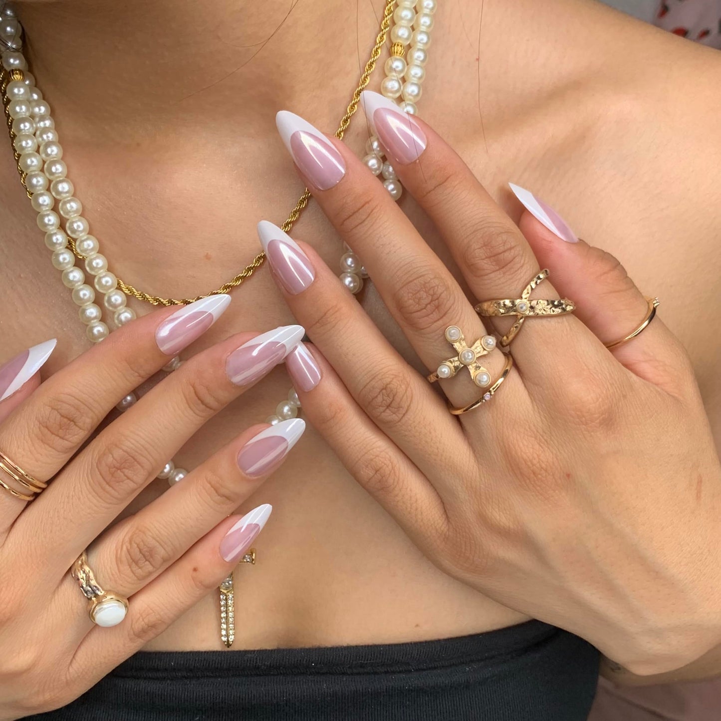 CHROME FRENCH Press-On Nails by Lavaa Beauty | Almond French Tip & Pearly Chrome Finish