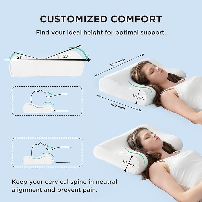 Bedsure Cervical Neck Pillow for Sleeping, Odorless Memory Foam with Cool-Touch Ice Pillowcases, Ergonomic Contour Pain Relief, Dorm Neck Support Pillows for Side, Back, Stomach Sleepers