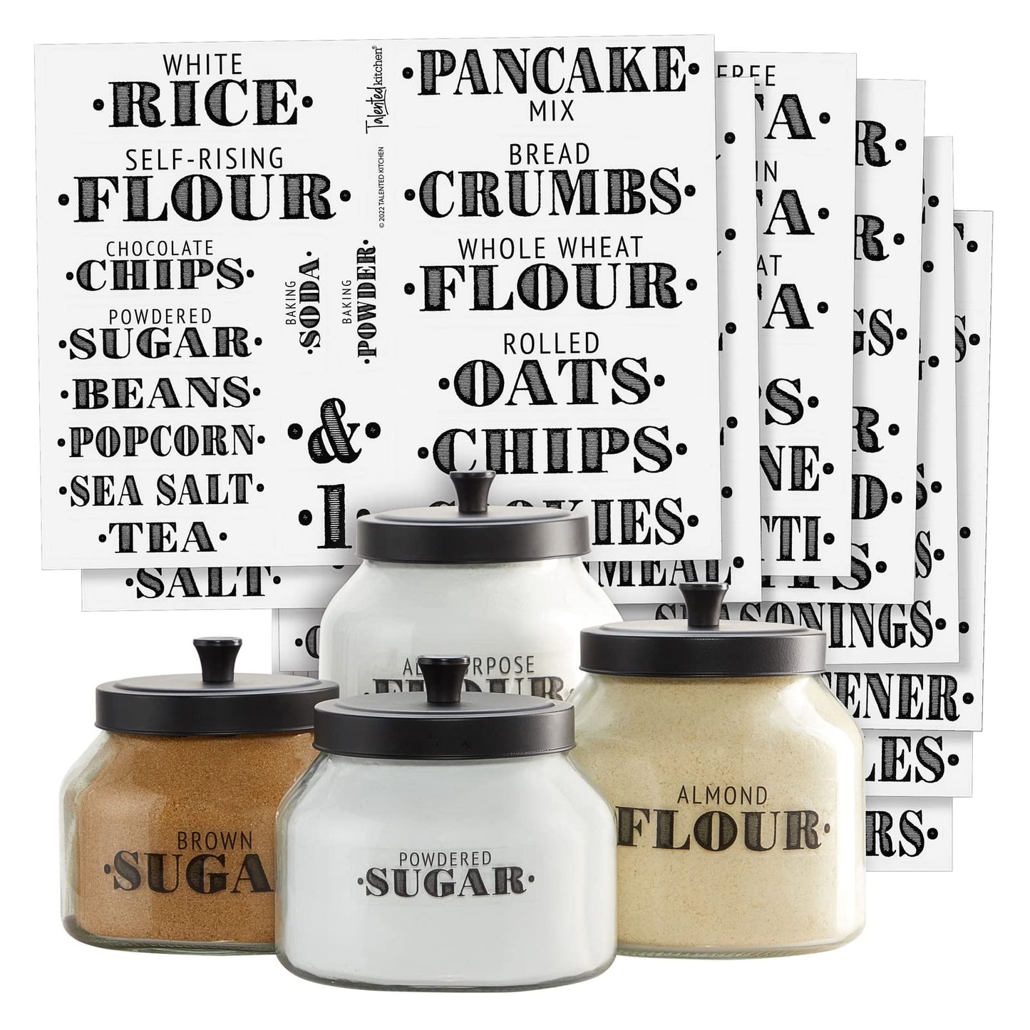 Talented Kitchen Clear Vinyl Pantry Labels for Food Containers - Waterproof & Repositionable for Kitchen Jars - Farmhouse Pantry Organization - Preprinted Baking Labels - Pack of 154, Assorted Sizes
