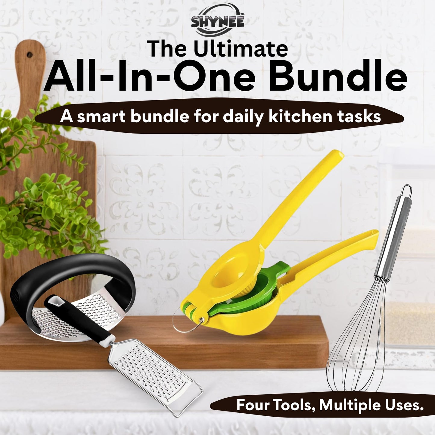 4PCs Kitchen Essentials Kit – Lemon Squeezer, Garlic Press, Stainless Steel Whisk, Multi-Use Grater, Cheese Grater – Durable, Easy to Clean Cooking Tools Set for Everyday Meal Prep