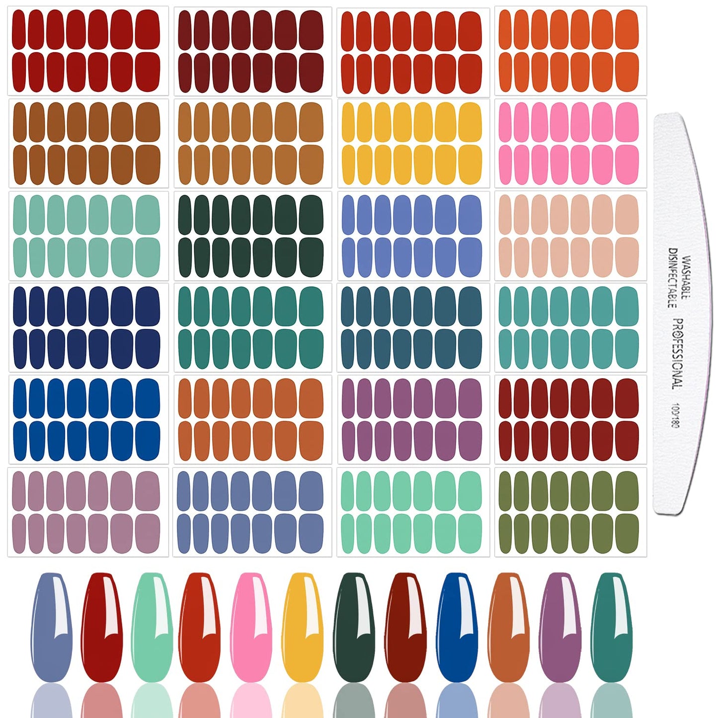 JERCLITY 24 Sheets Bright Solid Color Nail Polish Strips with Nail File Self-Adhesive Nail Strips Gel Stickers for Nails Nail Polish Stickers Full Wraps for Women