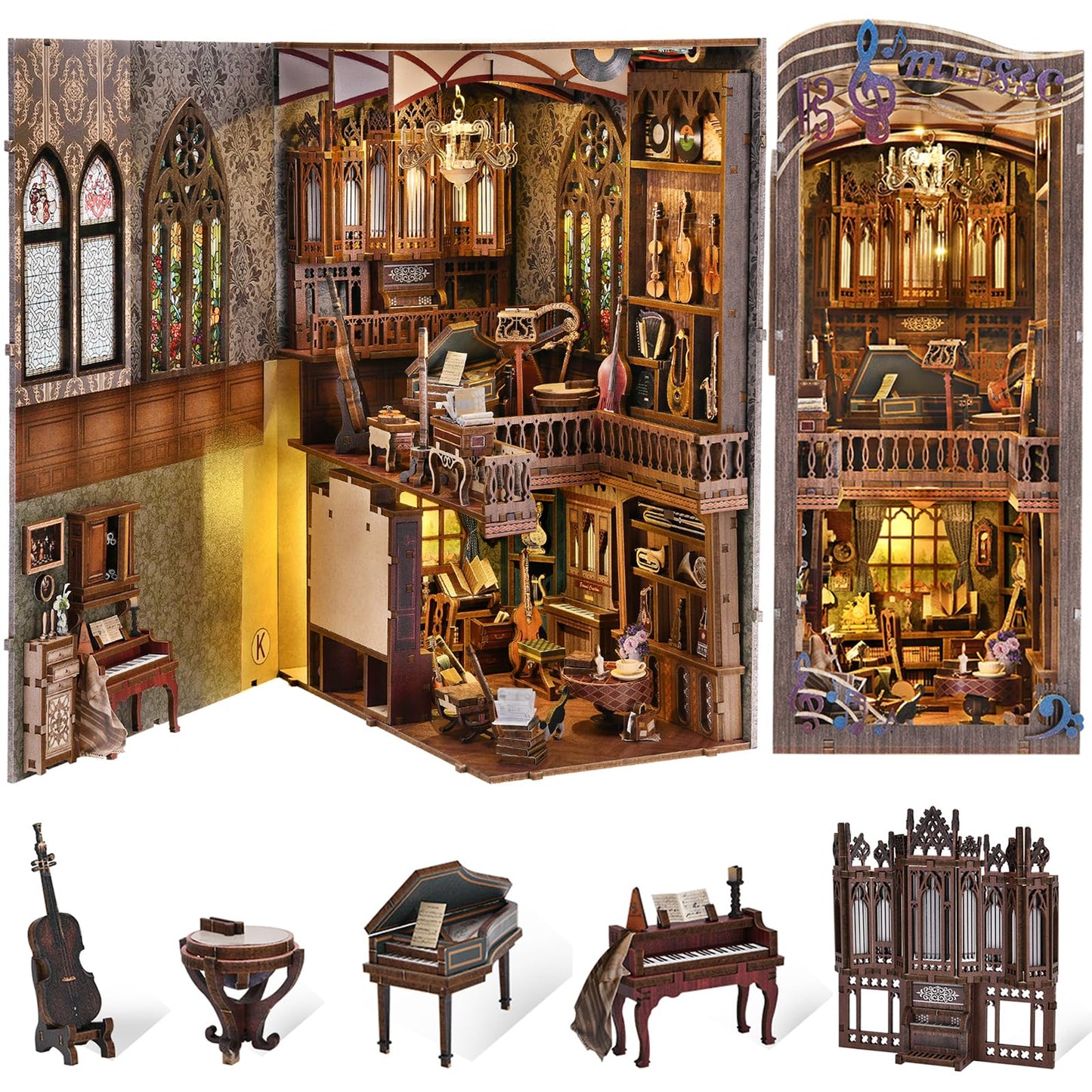 fifijoy Book Nook Kit - Timeless Melody DIY Miniature House Kit, 3D Wooden Puzzle Bookend Bookshelf with LED Light for Adults (Timeless Melody)