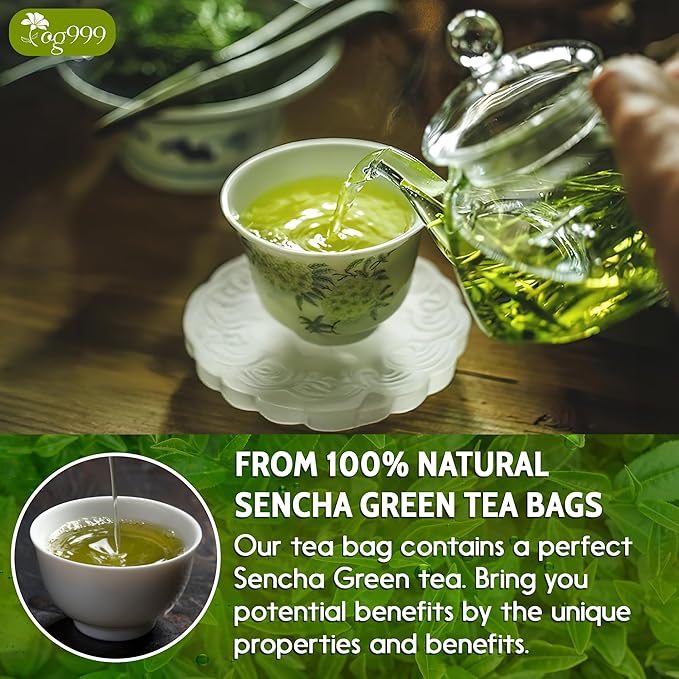 TOG999, Premium 60 Sencha Green Tea Bags, 100% Natural & Pure from Sencha Green Tea Leaves. Loose Leaf Sencha Herbal Tea. No Sugar, No Gluten, Vegan.