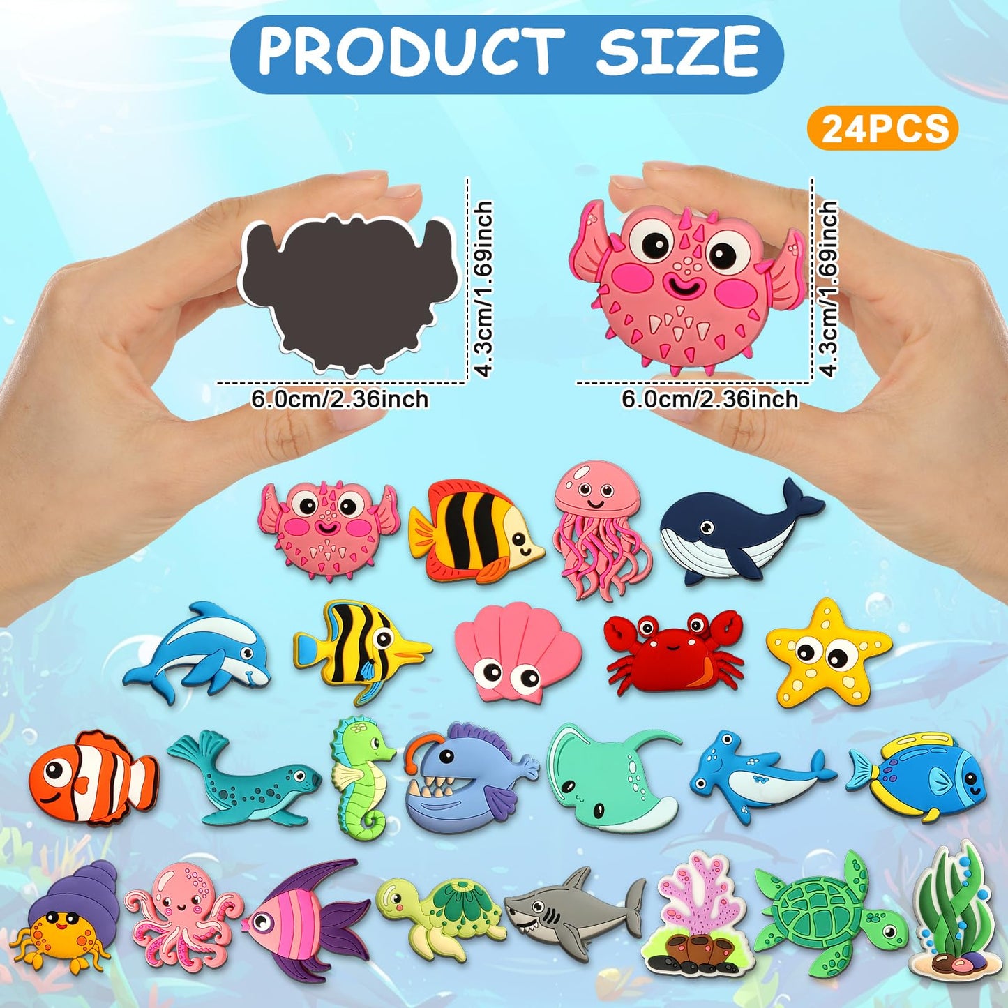 Justforjoyful 24PCS Ocean Animals Refrigerator Magnets for Cute Rubber Sea Animals Educational Sea Life Magnets for Fridge Full Back Magnetic for Fridge Whiteboard