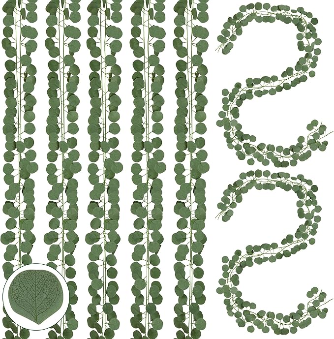 Sggvecsy 16Pcs Artificial Eucalyptus Garland Greenery Leaves Silk Vines Silver Dollar Leaves Faux Leaf Plants for Wedding Wall Table Party Home Fireplace Bedroom Decor