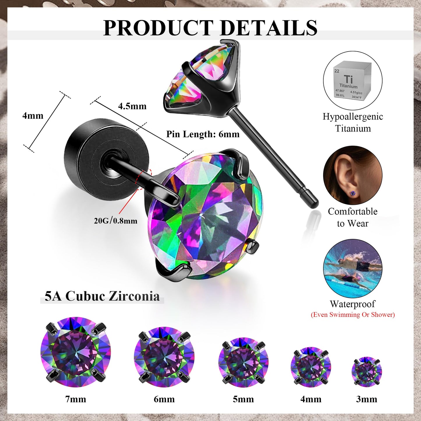 MHWTTY Hypoallergenic Threadless Flat Back Earrings,1 Pairs Cartilage Stud for Women Men Titanium Post 20G None Screw Easy Push in Gold Black Stainless Steel Flatback with CZ 3-7mm (Black, 3mm)