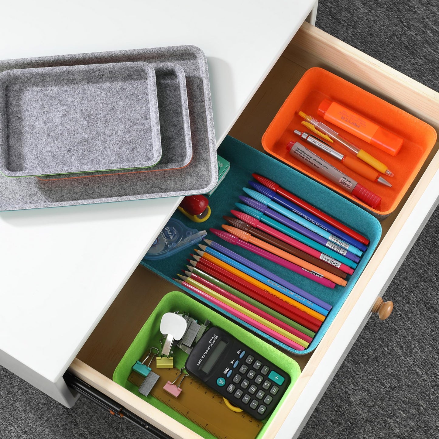Welaxy stackable Lidded drawer organizer bins home office work desktop storage box with lid for junk makeup stationery decluttering sorting 3-pack gift idea (Orange + Green + Turquoise)