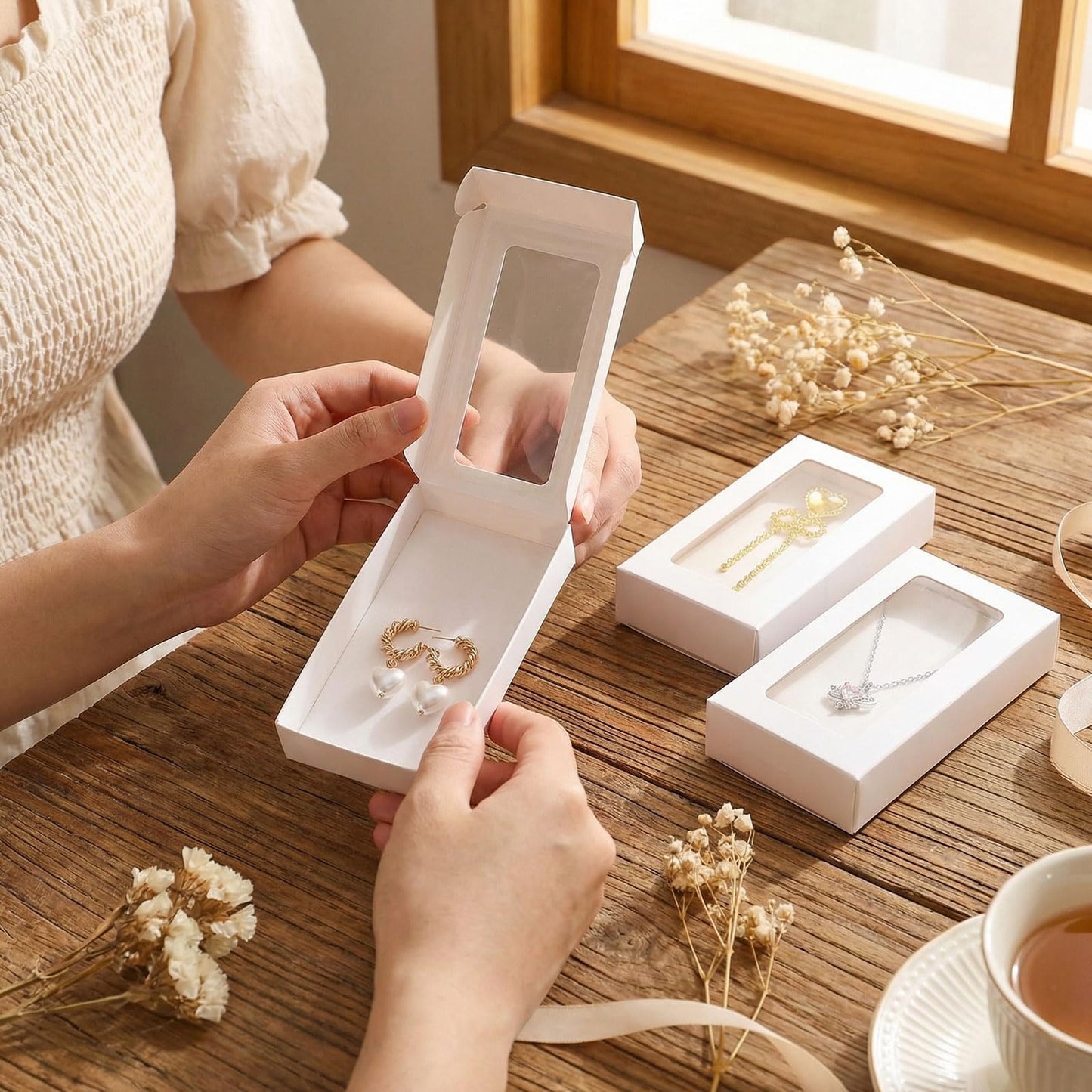 30 Pcs Jewelry Gift Boxes 3.15"X5.35"X0.7" Paper Necklace Box Bulk Jewelry Box with Clear Window 30 Display Card 36 Sticker Small Gift Boxes for Displaying Necklaces Christmas Birthday Wedding
