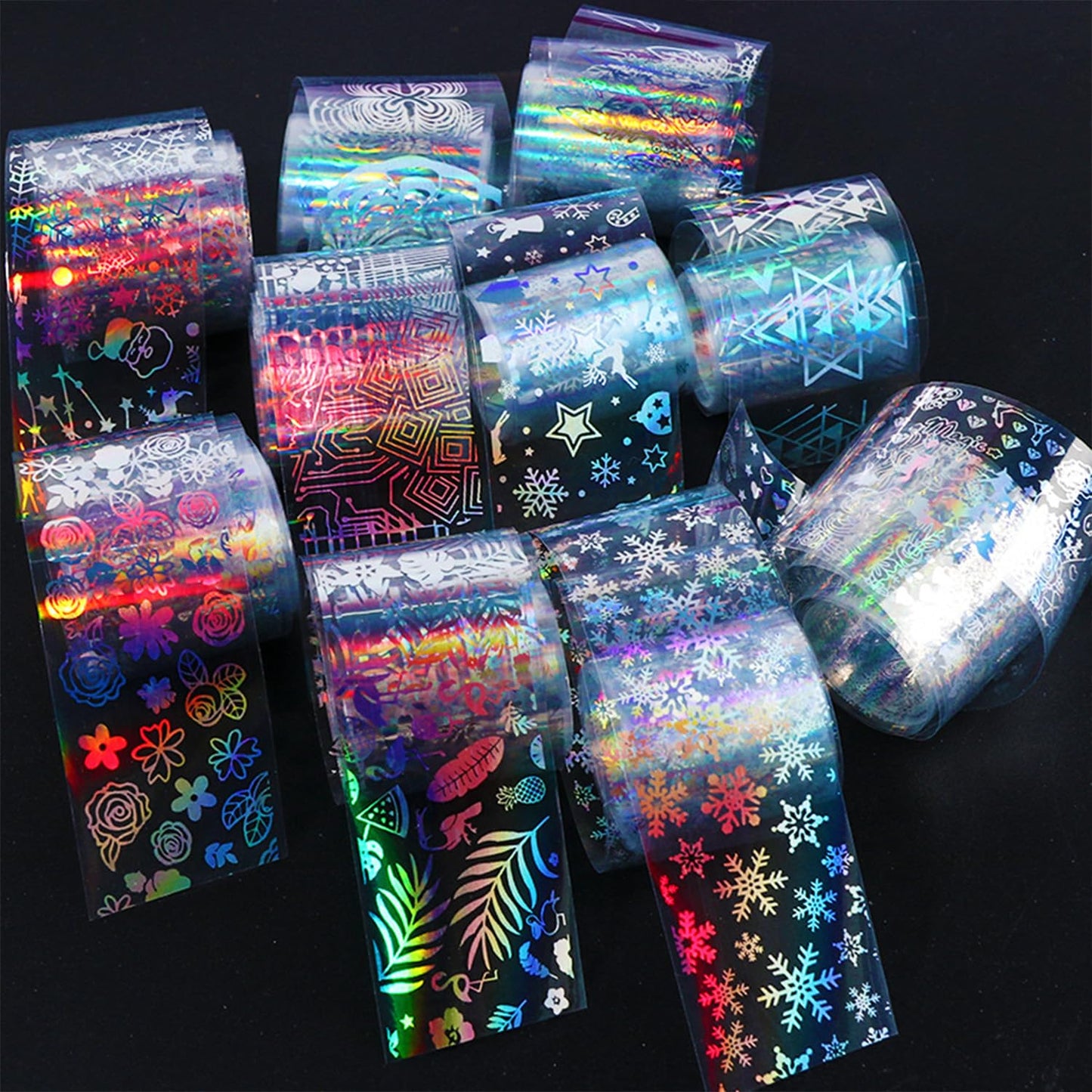 JERCLITY 20 Rolls Nail Foil Transfer Sticker Kit 10 Black White Lace Flower Nail Foil Sheets 10 Holographic Laser Snowflake Transfer Nail Art Decals Wraps