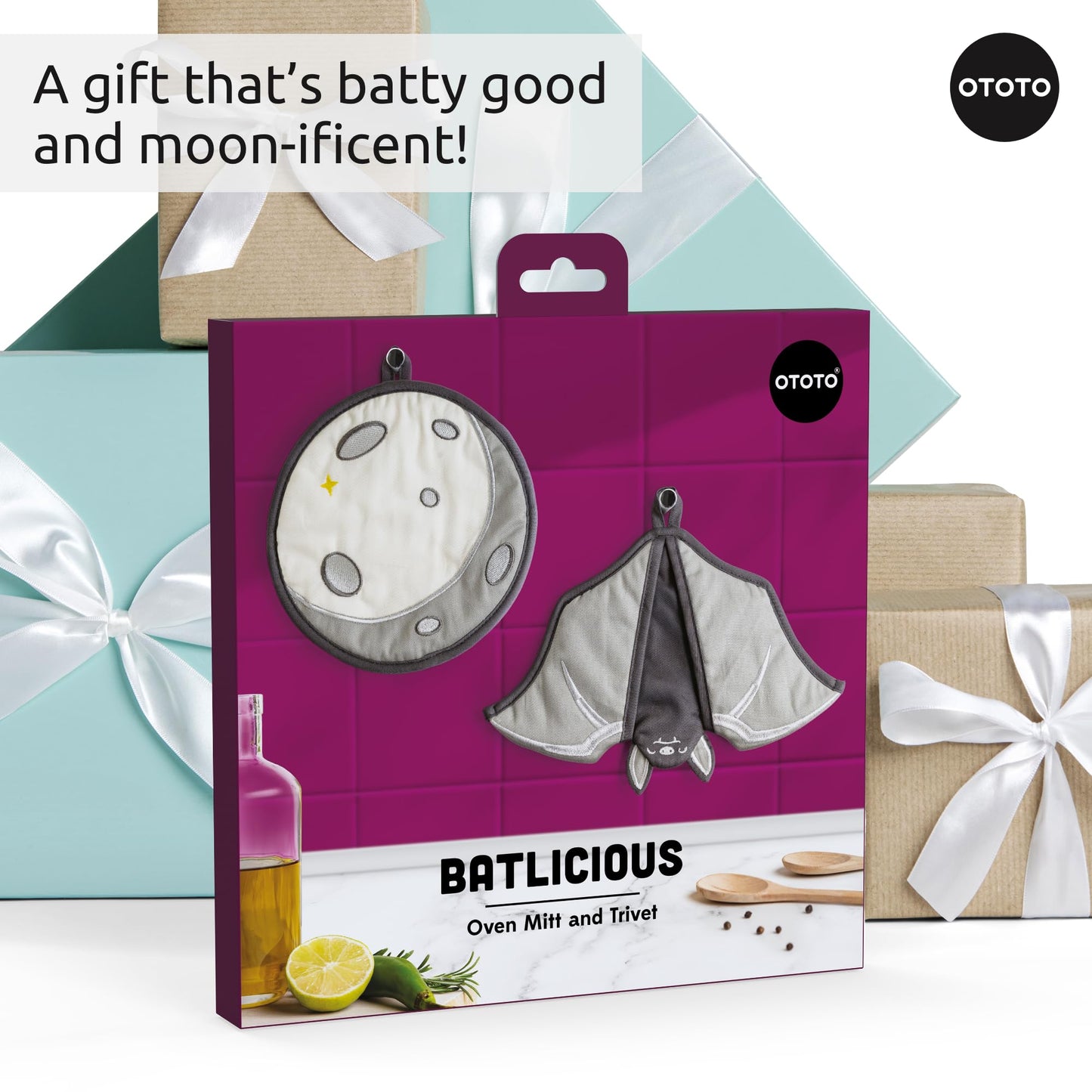 New - OTOTO Batlicious Oven Mitts and Pot Holders Sets - Heat Resistant Trivets for Hot Dishes, Cooking Goth Kitchen Decor, Cute Accessories, Pot Holders, Spooky Halloween Bat Moon Witchy Gifts