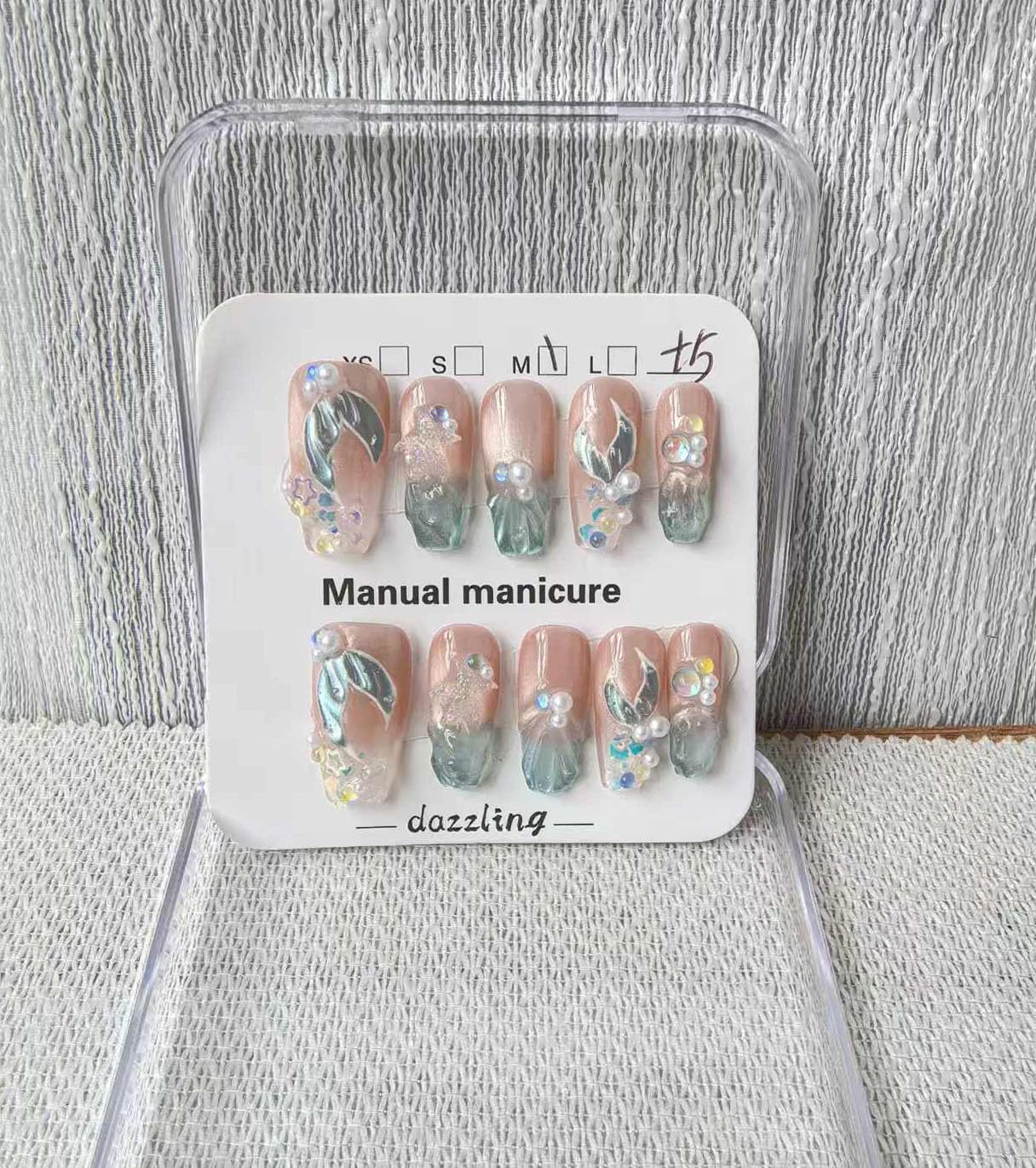 Handmade Press on Nails Coffin Medium False Nails Cat's Eye Blue French Tip with 3D Beach Wind Designs Rhinestones Charm Cute luxury Acrylic Nails for Women (Size M）10pcs