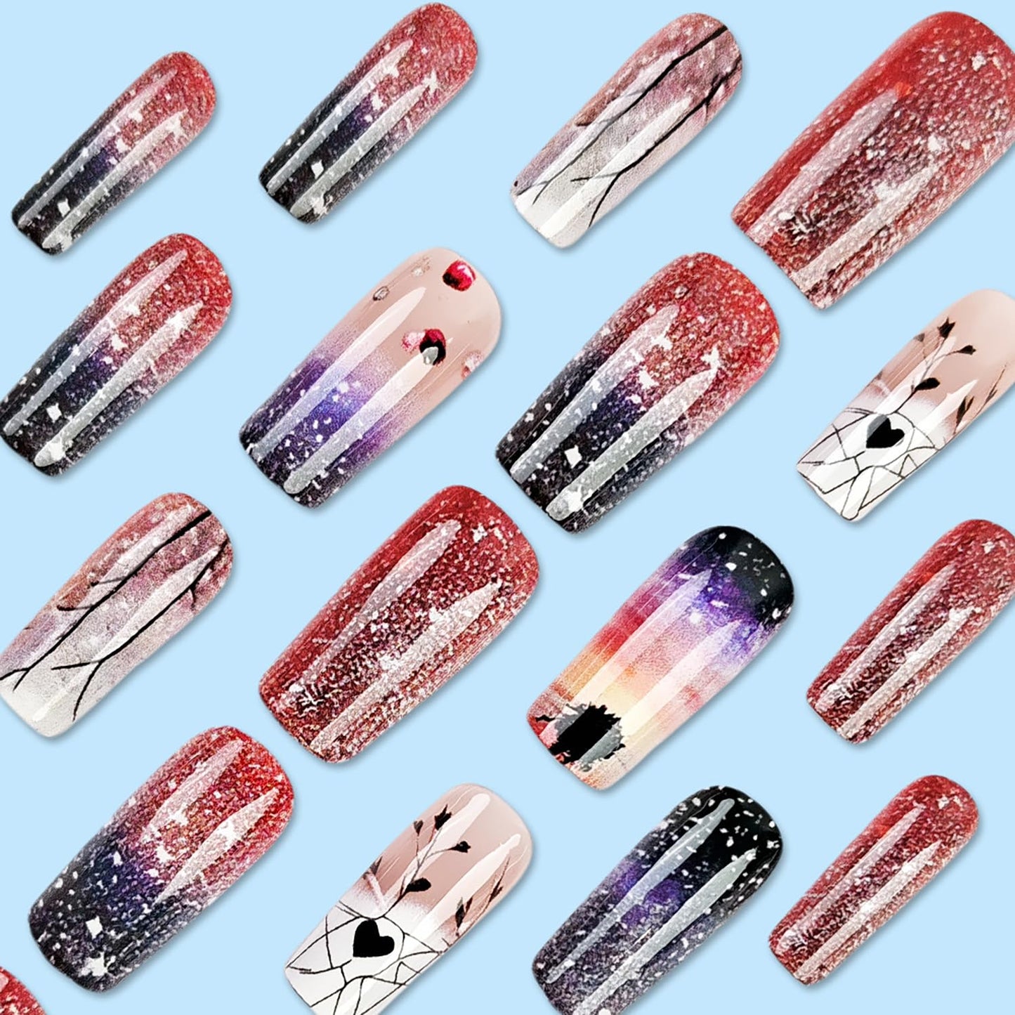 CJDLTS Press on Nails Medium Square Starry Sky False Nails Heart Fake Nails Press on Nails with Design Rhinestones Stick on Nails Artificial Acrylic Glitter Nails Full Cover Glue on Nails for Women