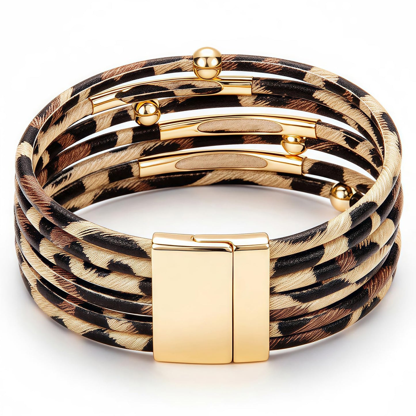 Fesciory Leopard Bracelet for Women, Boho Leather Wrap Multi-Layer Pearl Crystal Bracelet Bangle Jewelry(Brown Leopard)