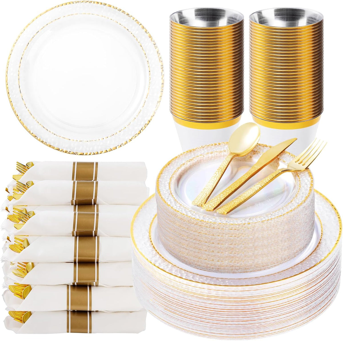 350PCS Clear Plastic Plates with Gold Trim for 50 Guests, Disposable Dinnerware Set for Party & Wedding, Includes 100 Plastic Plates, 50 Pre Rolled Napkins with Gold Silverware, 50 Cups