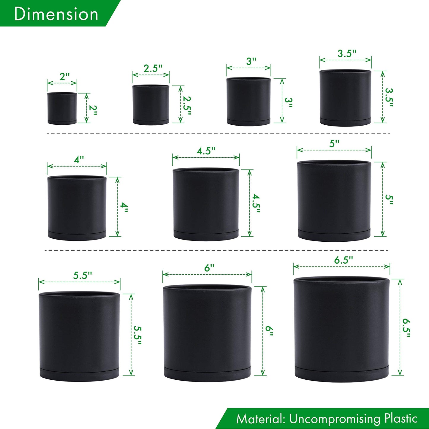 D'vine Dev 10 Pack Plastic Plant Pots for Plants, 6.5/6/5.5/5/4.5/4/3.5/3/2.5/2 Inch Indoor Planters Cylindrical Succulent Pot with Drainage Hole and Saucer, Black, 74-S-B