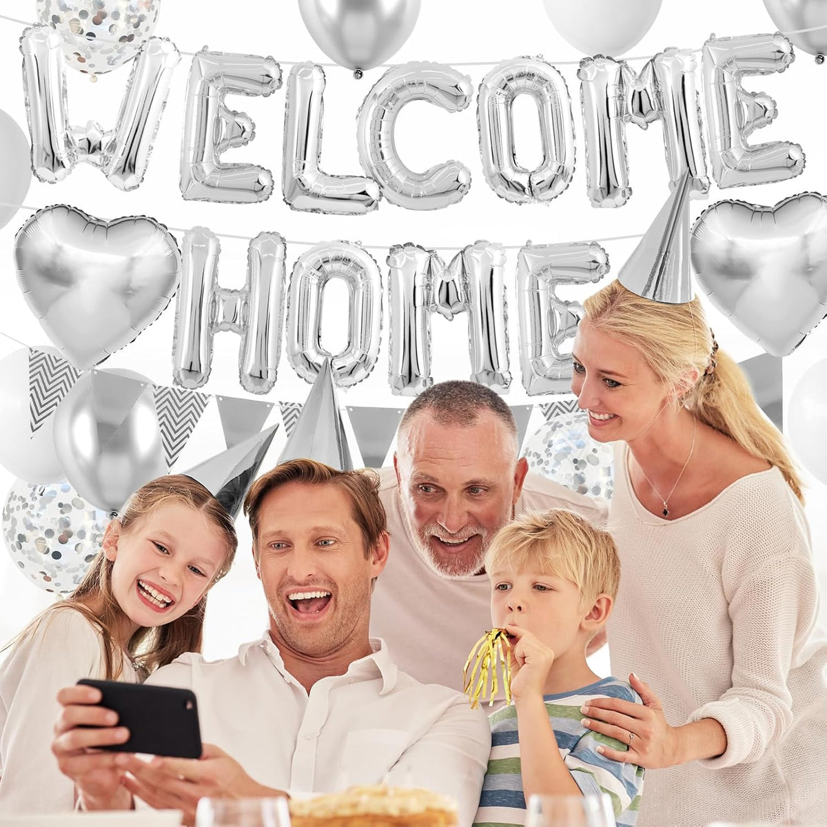 Welcome Home Decorations Silver,Welcome Home Foil Balloon Banner with Confetti Balloons,Silver Heart Balloons Pennant Flag Bunting for Housewarming Baby Shower Home Family Party Supplies