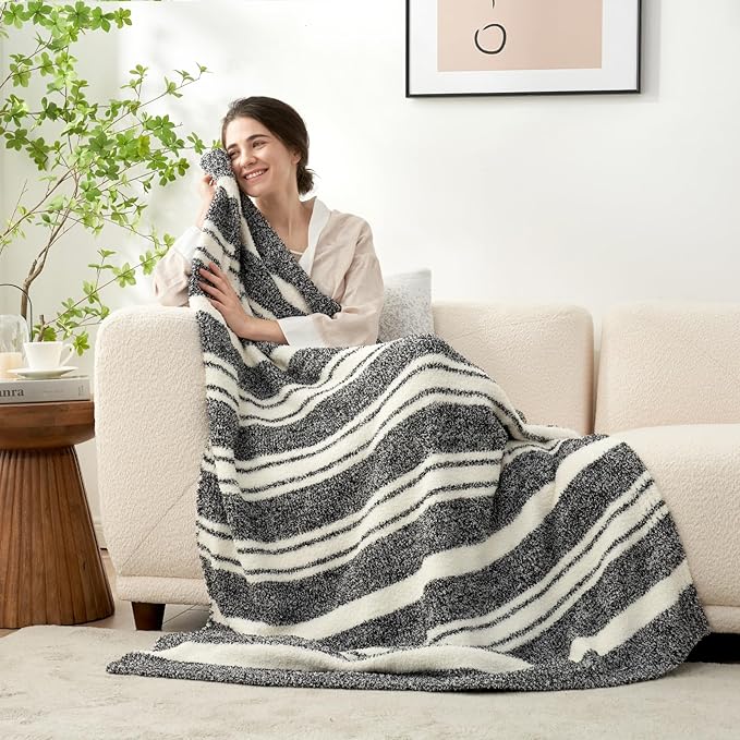Snuggle Sac Queen Size Bed Blanket Stripe Black, Super Soft Warm Bedding Blankets Cozy Knit Fuzzy Plush Blankets for Bed, Living Room, Stripe Black, Queen 90"x90"