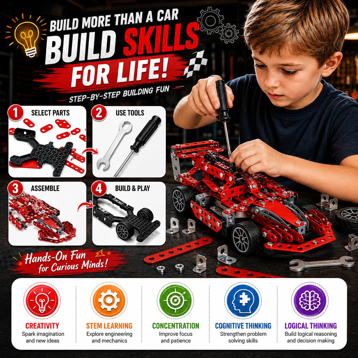 DIYBee Metal Model Car Kit, 287 Pcs Racing Car Building Kit for Boys 8-12, Build Your Own Car Kit with Real Tools, STEM Engineering Erector Set Gift for Kids Teens & Adults